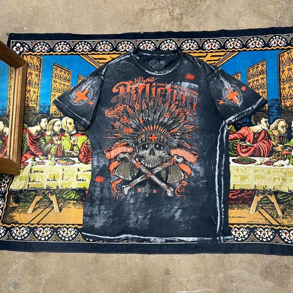 Skull affliction tshirt men XXL black grey y2k gothic punk apache americana